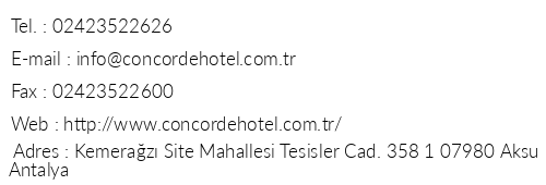 Concorde De Luxe Resort telefon numaralar, faks, e-mail, posta adresi ve iletiim bilgileri
